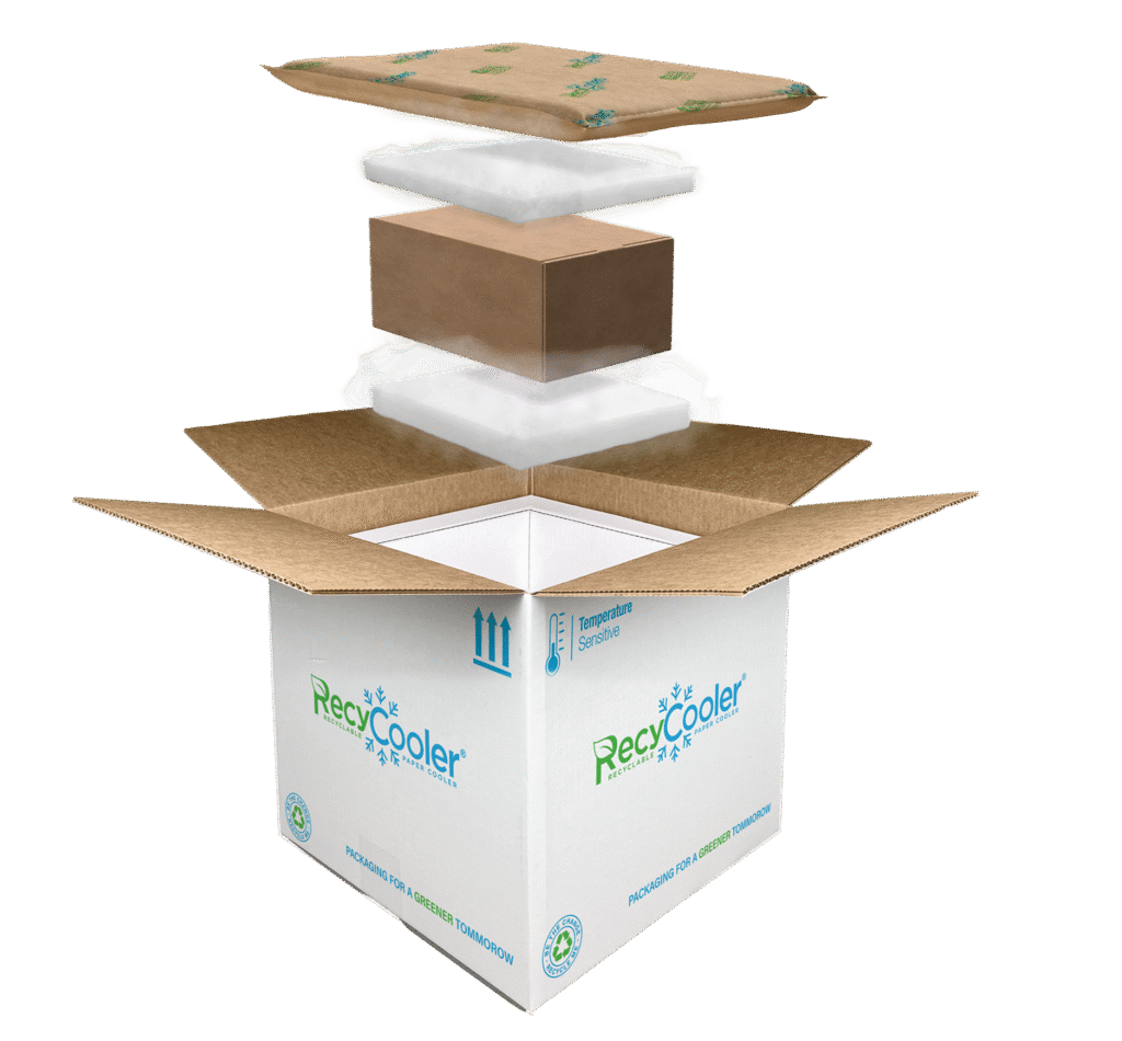 Exploded view of RecyCooler® recyclable thermal shipping box showing insulation layers and internal payload chamber for cold chain logistics.