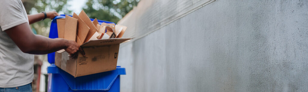 A person placing a cardboard box into a recycling bin